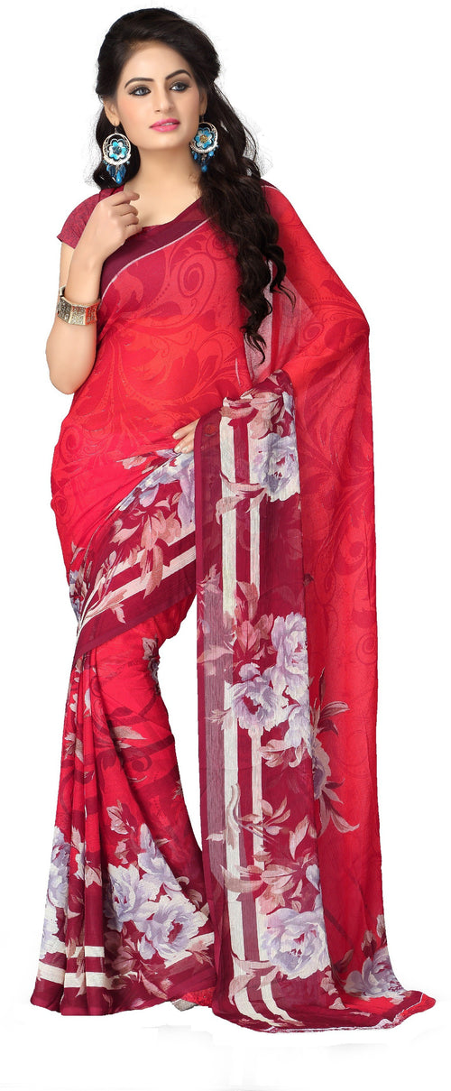 Red Printed Chiffon Saree