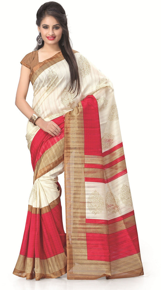 White Printed Tussar Silk Saree