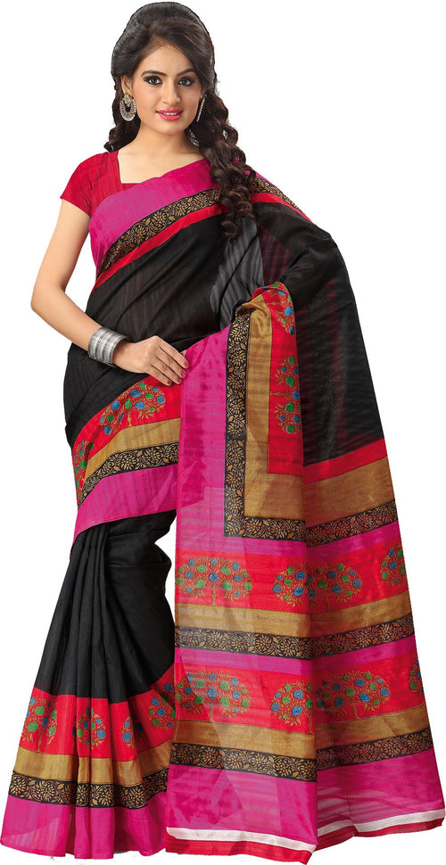 Black Printed Tussar Silk Saree