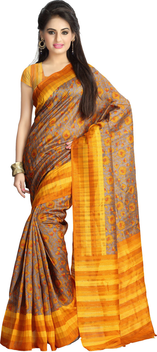 Yellow Printed Tussar Silk Saree