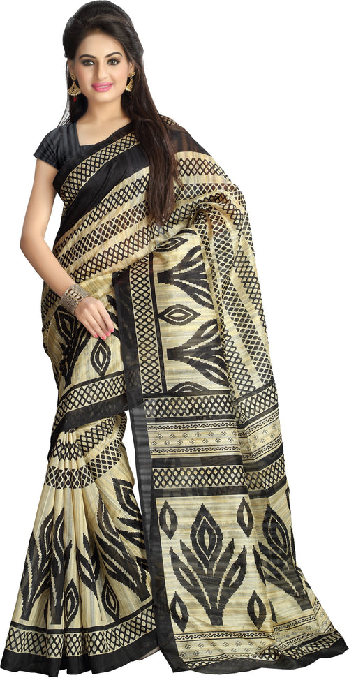 Black Printed Tussar Silk Saree