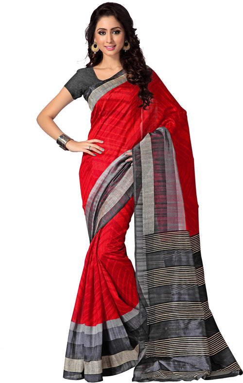 Red Printed Tussar Silk Saree