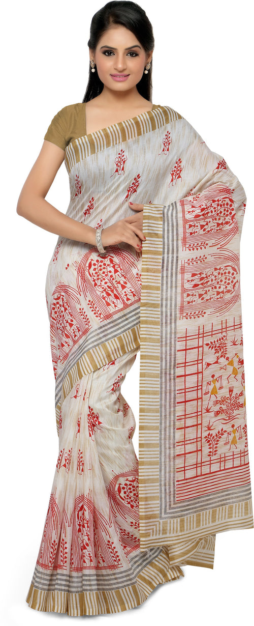 White Printed Tussar Silk Saree