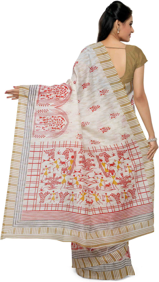 White Printed Tussar Silk Saree