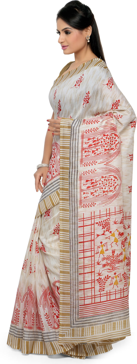 White Printed Tussar Silk Saree