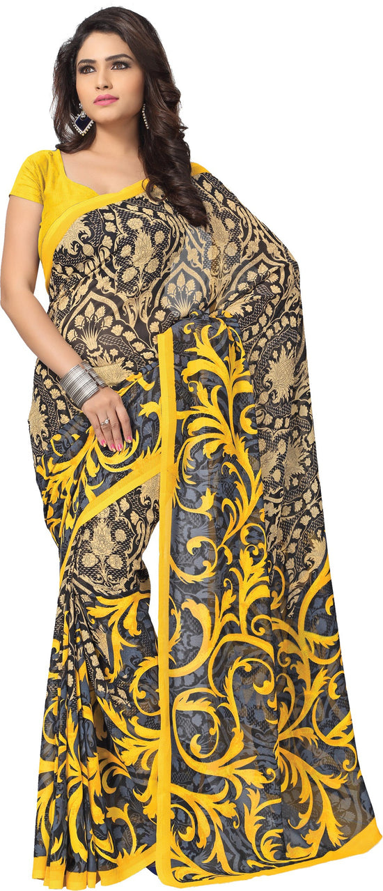 Yellow Printed Georgette Saree