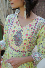 Juniper Limegreen Cambric & Rayon Floral Print Jacket Style Kurta With Mask