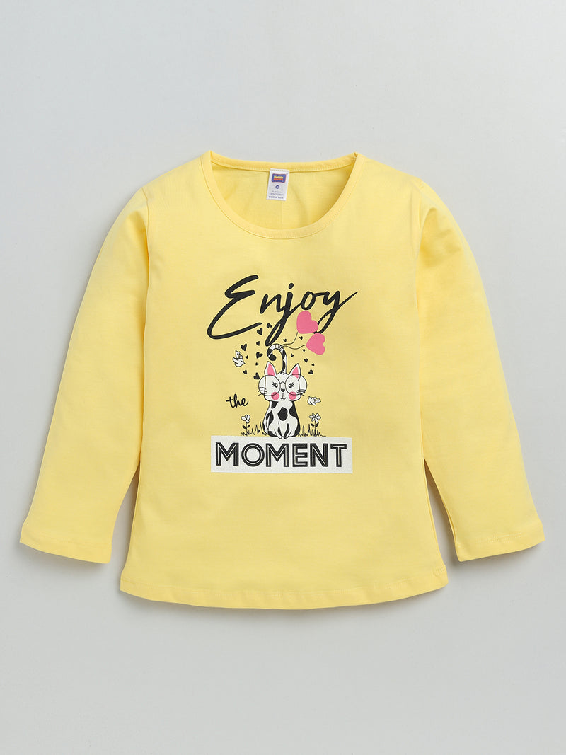 Nottie Planet Full Sleeve Cat Print Girl T Shirt - Yellow