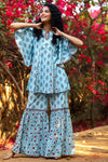 Juniper Blue Cambric Floral Print Tunic Sharara Set With Mask