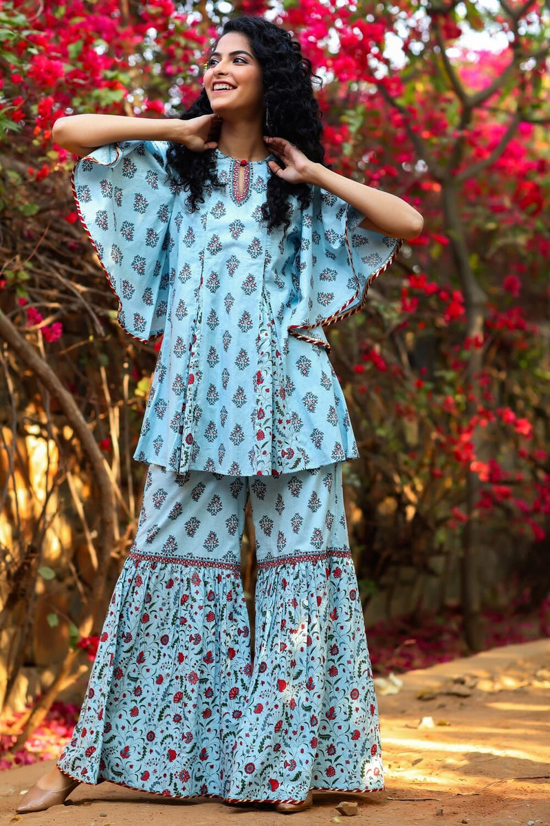 Juniper Blue Cambric Floral Print Tunic Sharara Set With Mask