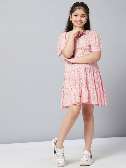 Girl's Red coral Printed Dress Peach