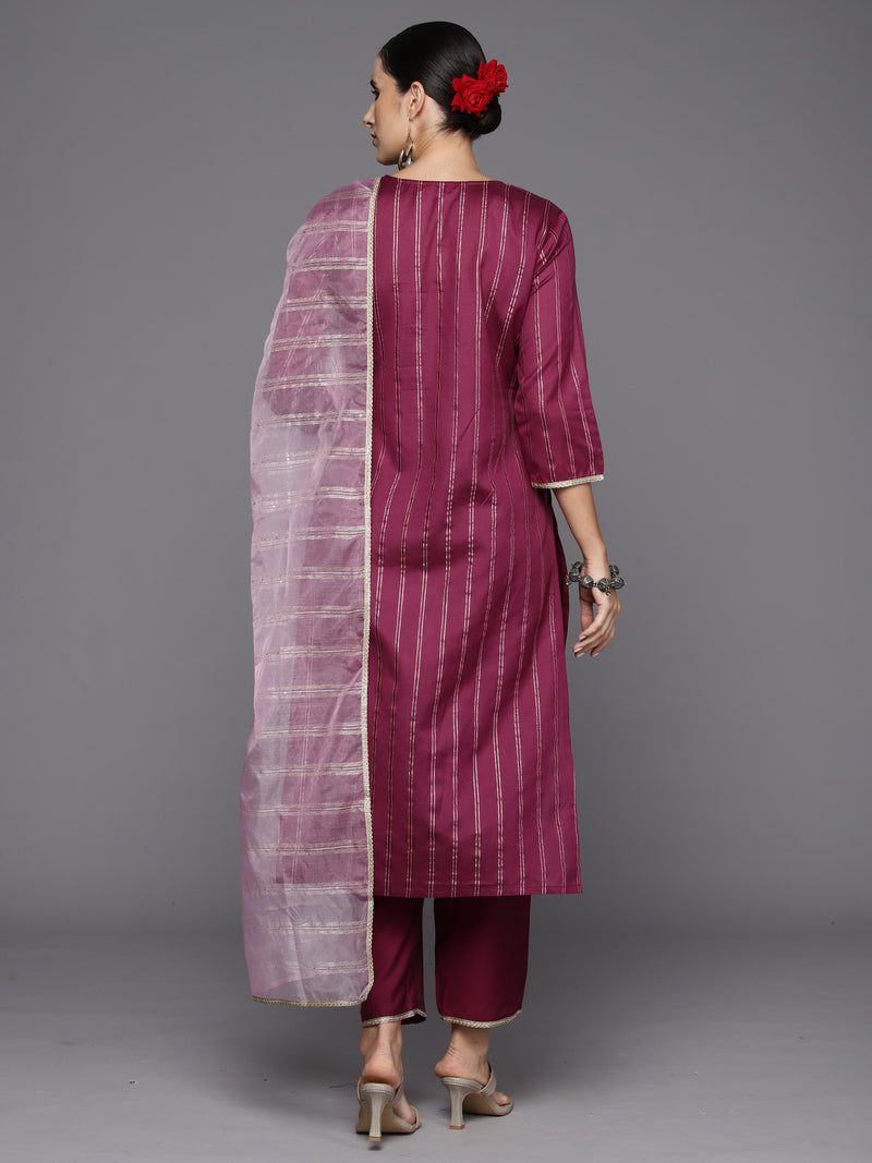 Indo Era Burgundy Embroidered Straight Kurta Trousers With Dupatta Set