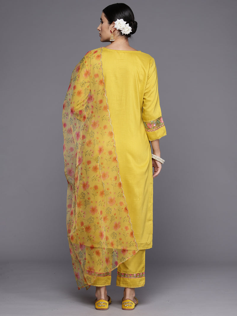 Indo Era Yellow Embroidered Straight Kurta Trousers With Dupatta Set