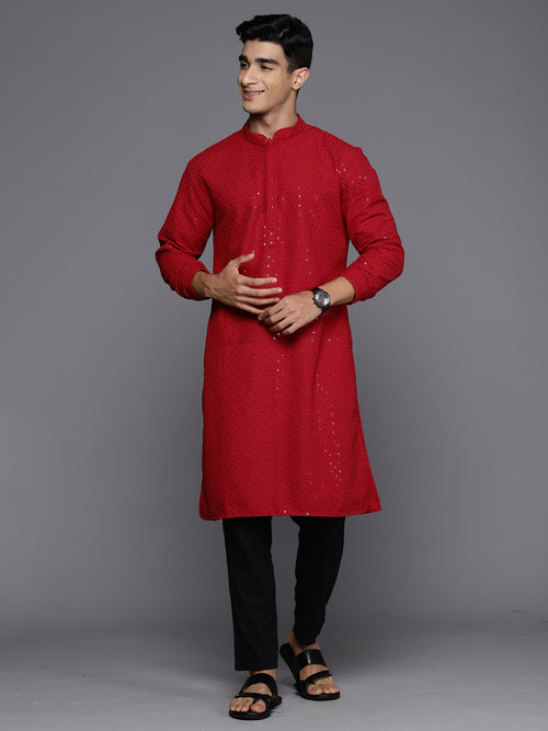 Indo Era Men Red Floral Cotton Embroidered Straight Kurtas