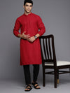 Indo Era Men Red Floral Cotton Embroidered Straight Kurtas