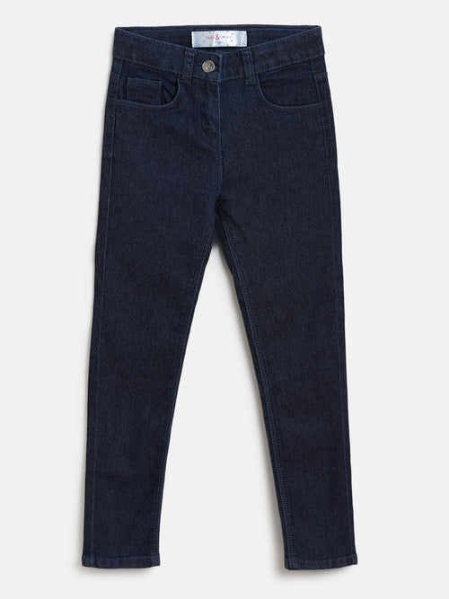 Tales & Stories Girl's Solid Dark Blue Lycra Slim Fit Clean Look Jeans