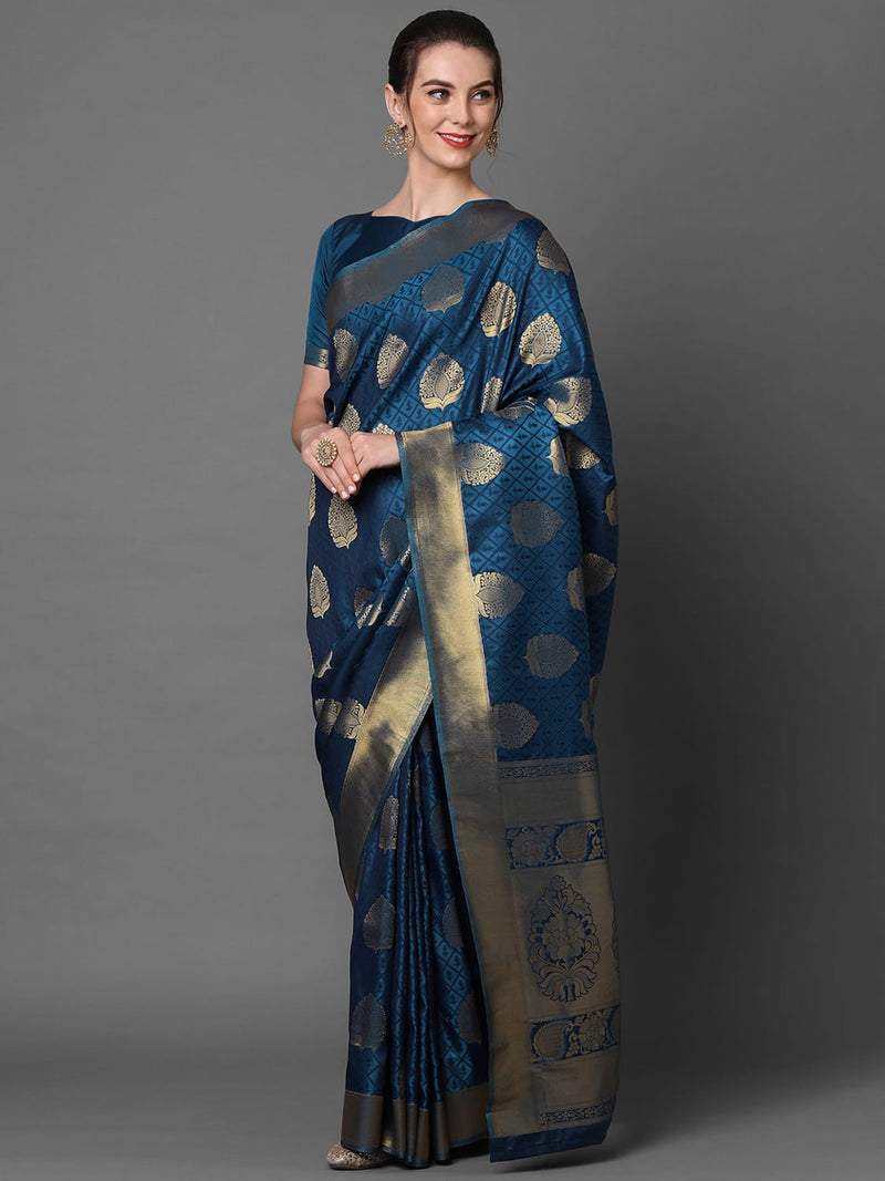 Sareemall Teal Blue Festive Kanjivaram Silk Woven Design Saree With Unstitched Blouse