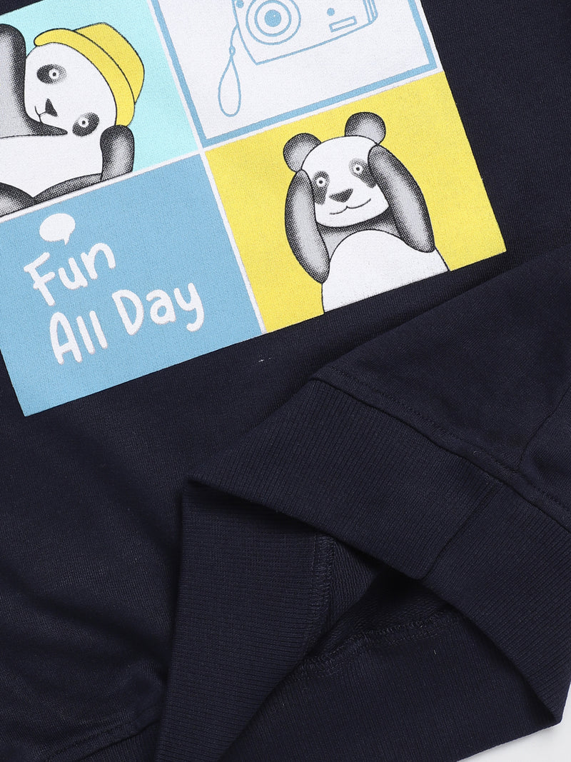 Nottie Planet Panda Printed Loopknit Full Sleeve Sweatshirt For Girl -Navy