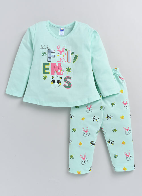 Nottie Planet Friends Printed Fancy Girls Top With Pyjama - Pista