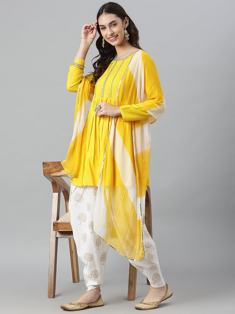 Beautiful v-neck floral print linen cotton A-line kurta pant set (set –  Roshni Boutique