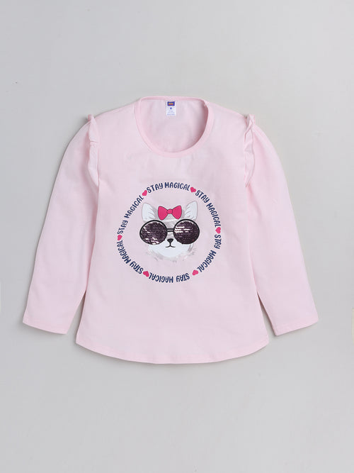 Nottie Planet Fancy Round Neck Cat Printed Full Sleeve Girls Top- Pink