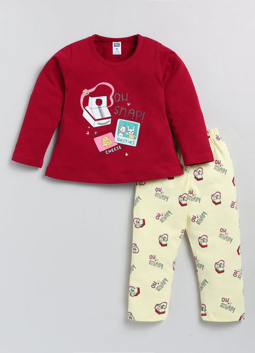 Nottie Planet Snap Print Fancy Girl'S T-Shirt With Pant - Red