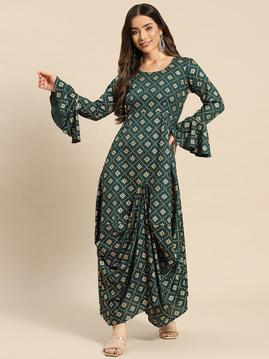 Bell Sleeve Long Dress With Front Drape