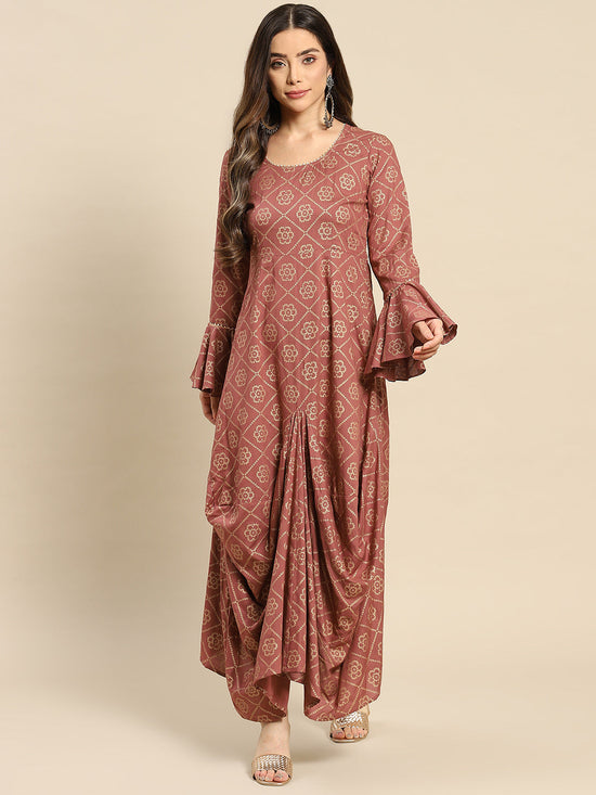 Bell Sleeve Long Dress With Front Drape