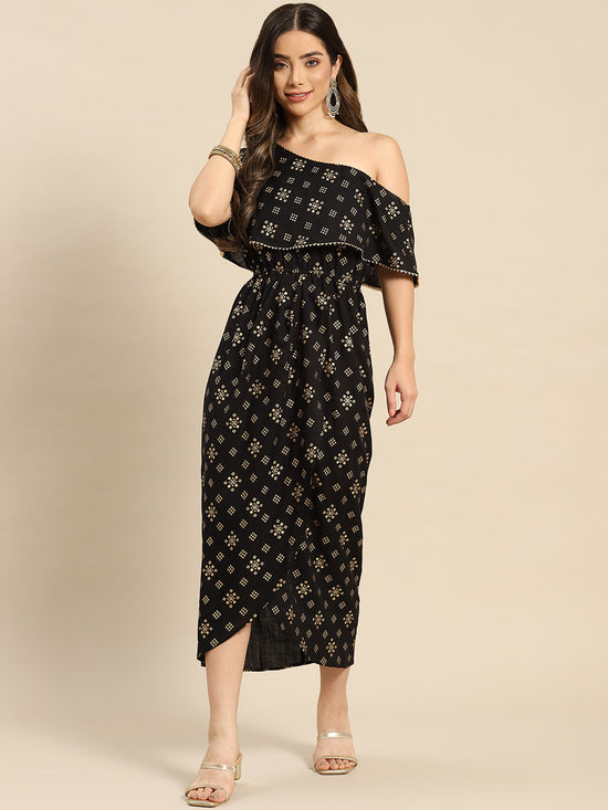 One Shoulder Yoke Overlap Printed Dress