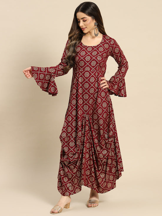 Bell Sleeve Long Dress With Front Drape