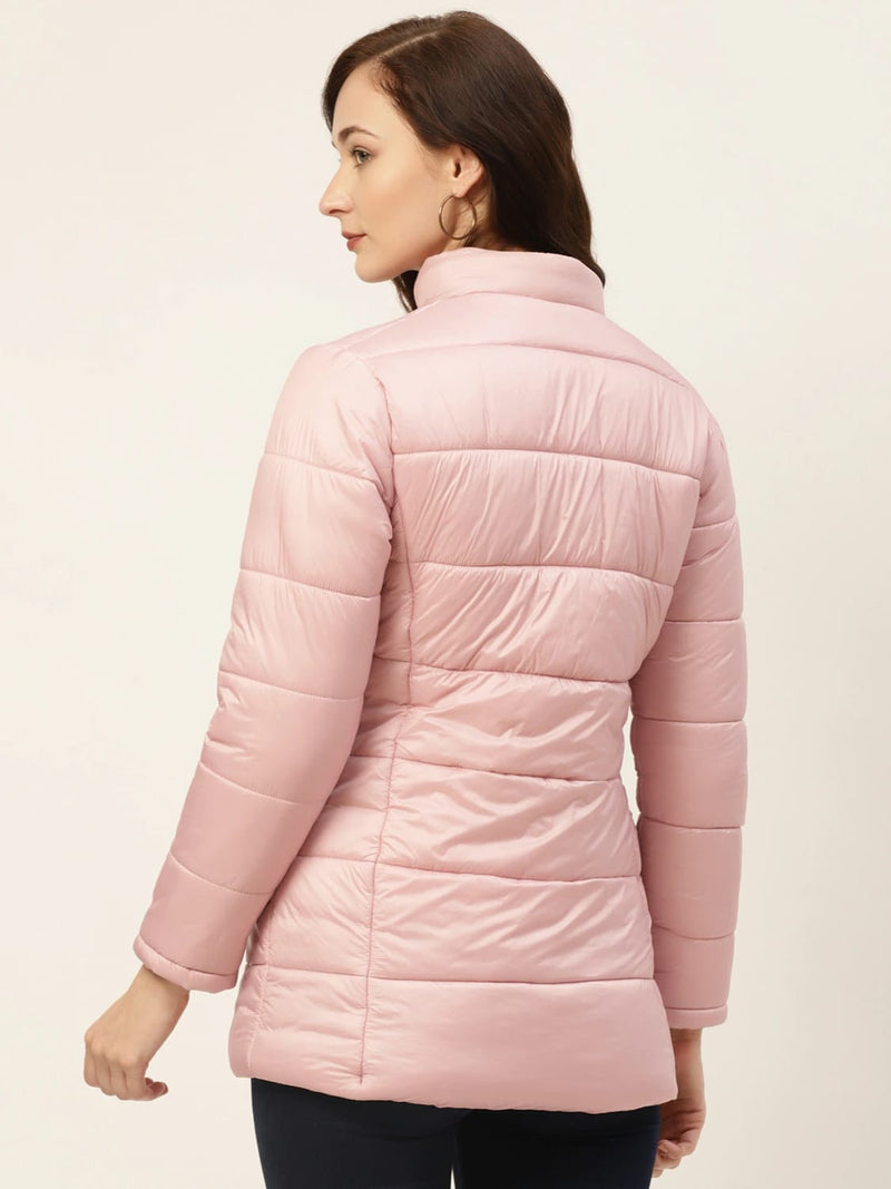 Women Pink Solid Padded Jacket With Detachable Hood