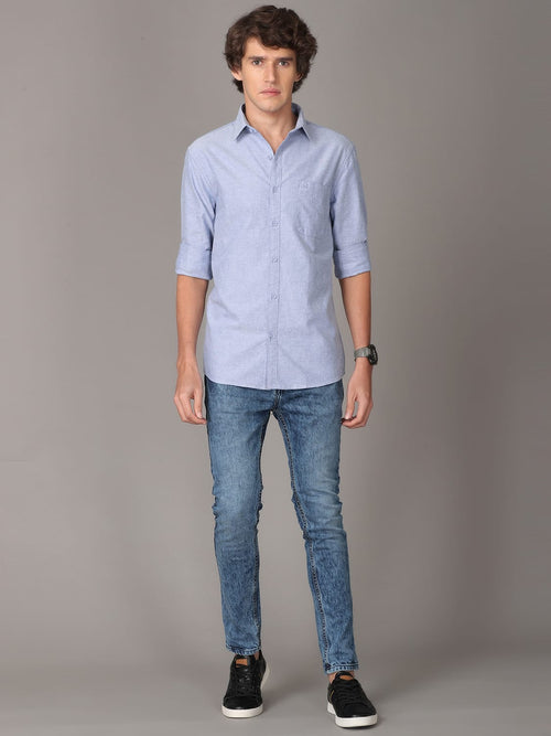 Oxford Chambray Blue Slim Fit Cotton Casual Shirt