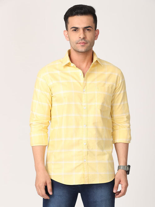 Men Blonde Yellow & White Slim Fit Checked Cotton Casual Shirt