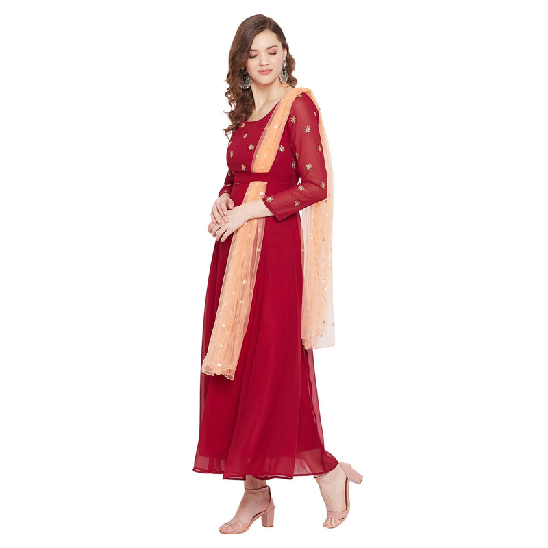 Adults-Women Maroon Sun Emb. Dress With Attached Dupatta