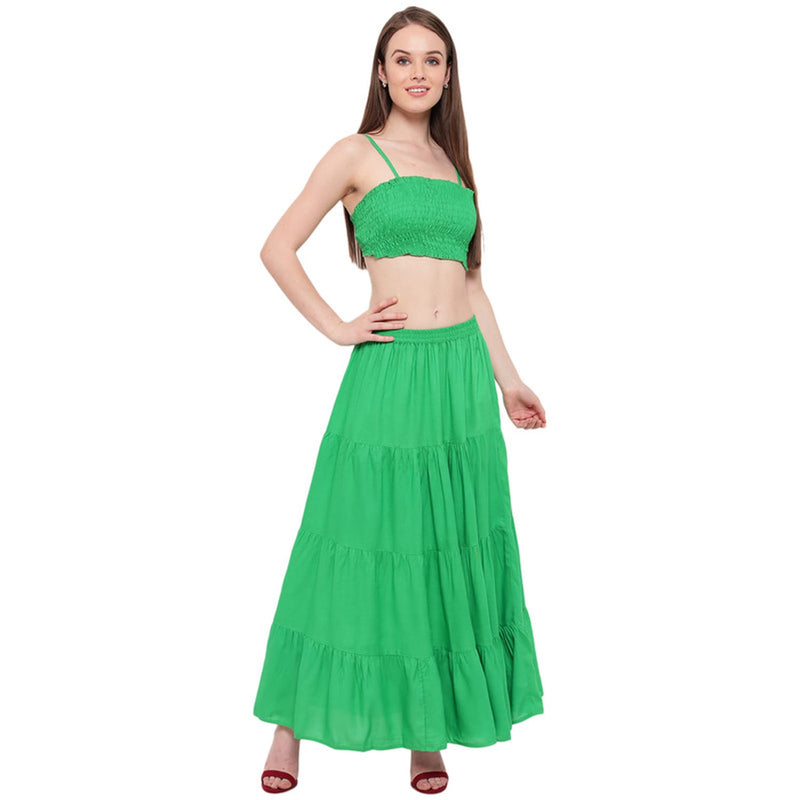 Aawari Rayon Skirt Top Set For Girls and Women Green