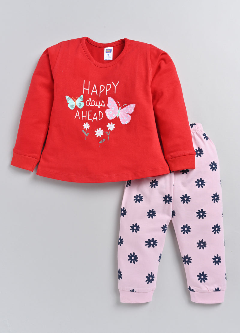 Nottie Planet Butterfly Printed Fancy Girl'S T-Shirt With Pyjama - Red