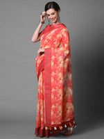 Sareemall Orange & Red Casual Linen Printed Saree With Unstitched Blouse