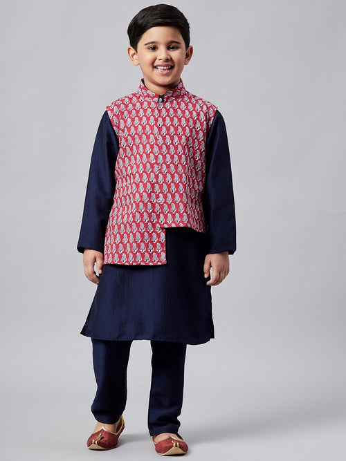 Boy's Lucky Printed Kurta set with Jacket Red