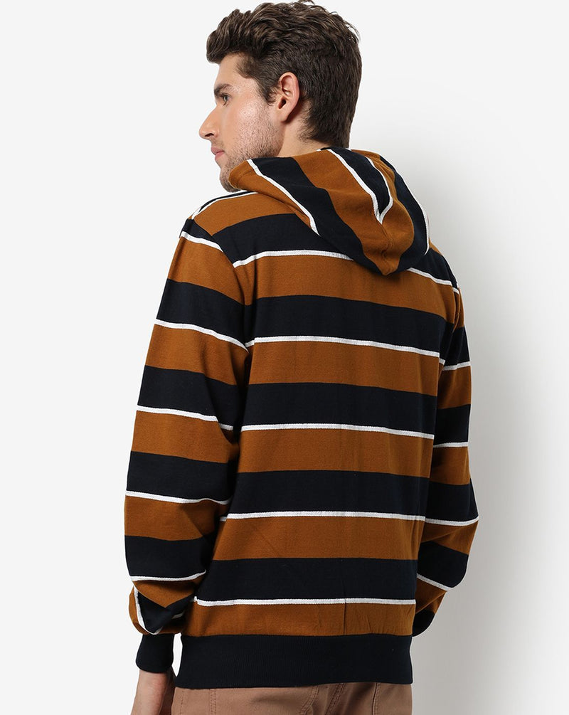 Campus Sutra Men's Brown & Black Striped Regular Fit Zipper Sweatshirt With Hoodie For Winter Wear | Full Sleeve | Cotton Sweatshirt | Casual Sweatshirt For Men | Western Stylish Sweatshirt For Man