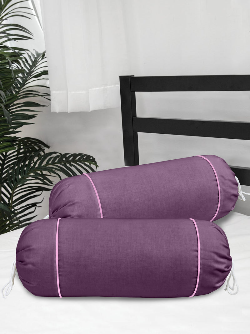 Clasiko Cotton Bolster Covers Set Of 2 300 TC Purple With Pink Piping 30x15 Inches