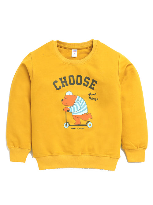 Nottie Planet Loopknit Bear Printed Full Sleeve Sweatshirt For Boys -Mustard