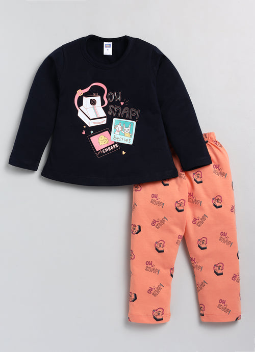 Nottie Planet Snap Print Fancy Girl'S T-Shirt With Pant - Navy