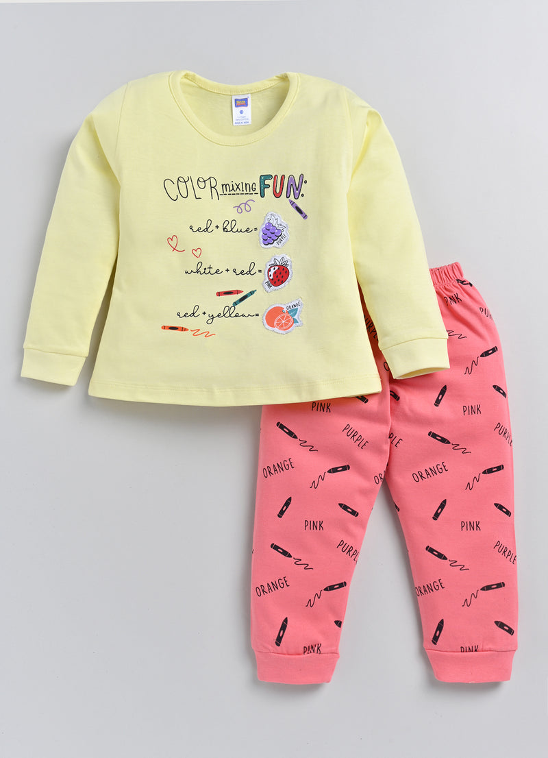 Nottie Planet Fruit Printed Fancy Girl'S T-Shirt With Pyjama - Lemon