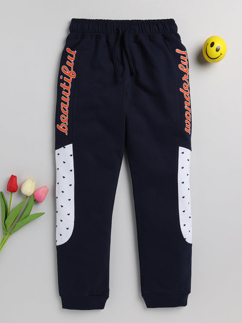 Nottie Planet Girl's Loopknit Text Printed Trackpant - Navy