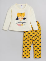 Nottie Planet Girl Printed Full Night Suit Top With Pyjama- Lemon