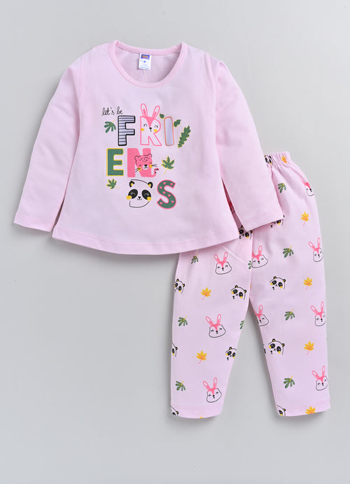 Nottie Planet Friends Printed Fancy Girls Top With Pyjama - Pink
