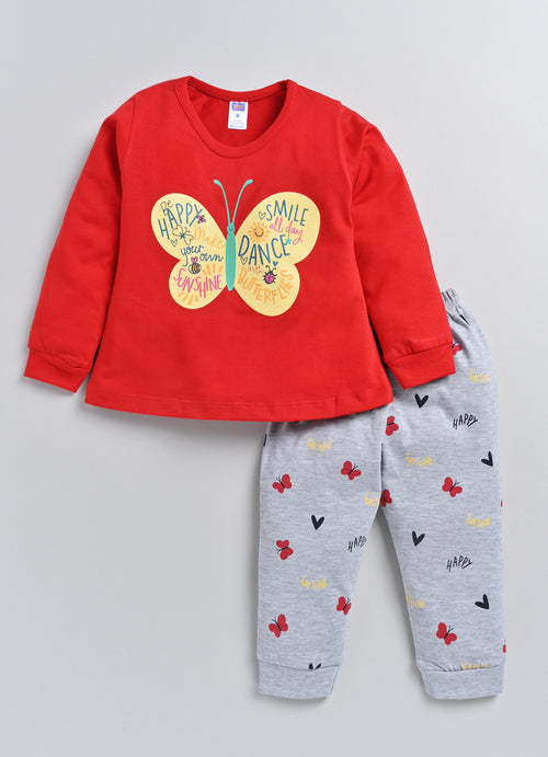 Nottie Planet Butterfly Printed Fancy Girl'S T-Shirt With Pant - Red