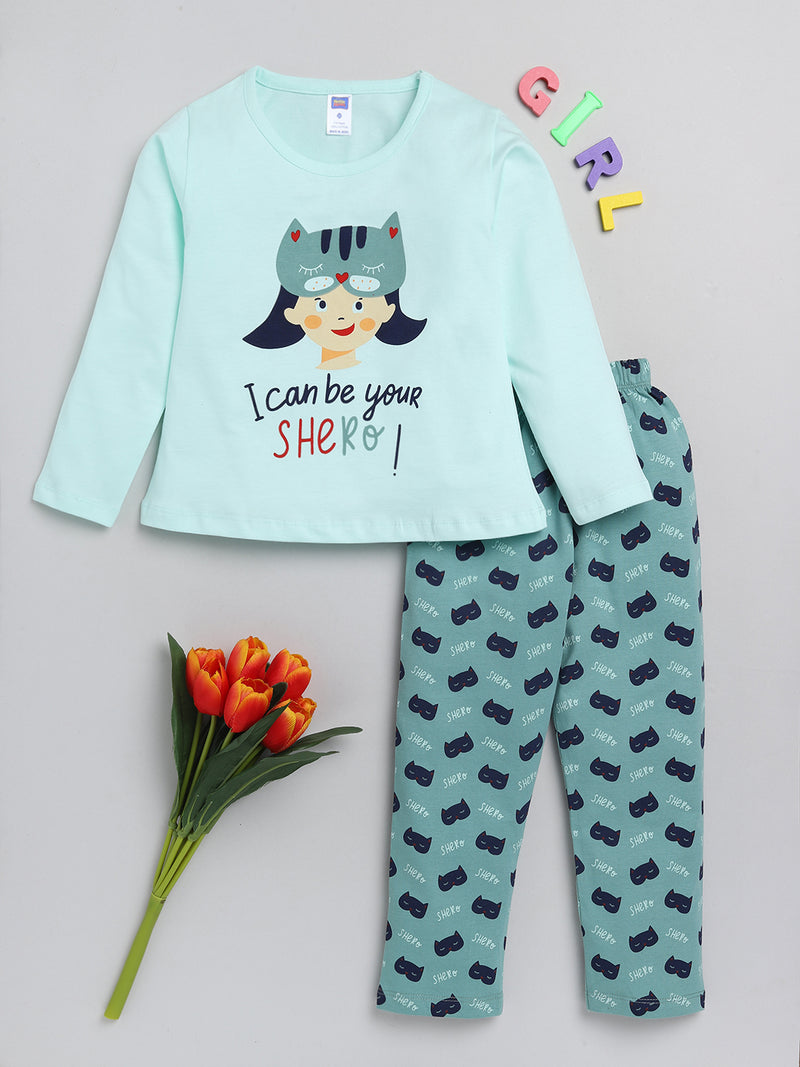 Nottie Planet Girl Printed Full Night Suit Top With Pyjama- Pista