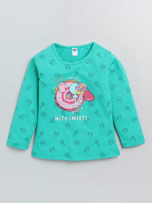 Nottie Planet Full Sleeve Donut Print Girl T Shirt - Green
