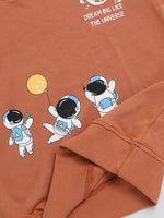 Nottie Planet Astronaut Printed Loopknit Full Sleeve Sweatshirt For Boys -Brown
